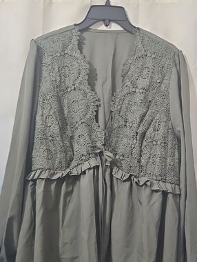 Lace Front with V- Neck in Long Sleeve Shirt in Sage Green XL